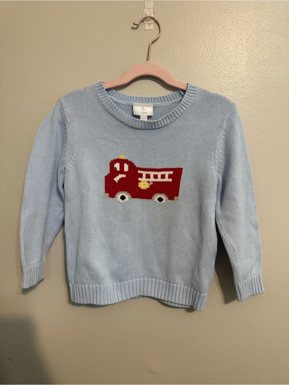 Little English Intarsia Sweater in Fire truck - light blue cotton